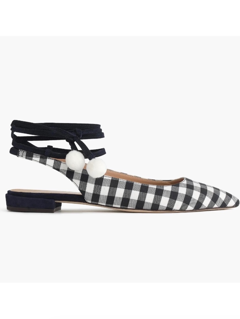 J. Crew Lily Ballet Flats Gingham Print Navy White with Ankle Wrap Size 9